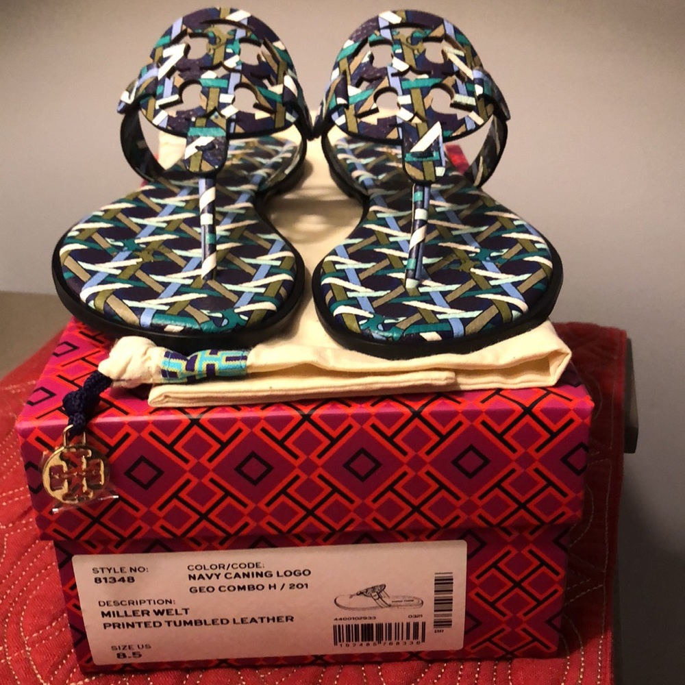 Tory Burch Miller Sandal Navy Basket-Weave Logo - Picture 7 of 10